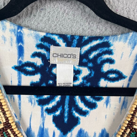 Chico's Top Womens 0 Small Blue Blouse Printed Tunic Heavily Beaded Scoop Neck - Picture 6 of 11